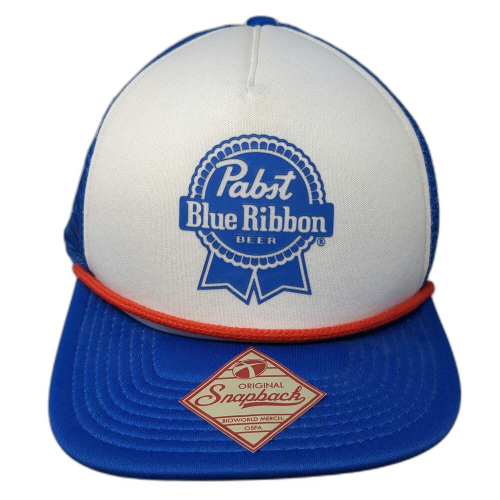 Bioworld Pabst Blue Ribbon Trucker Hat OSFM Snapback Beer Logo Mesh Rope White